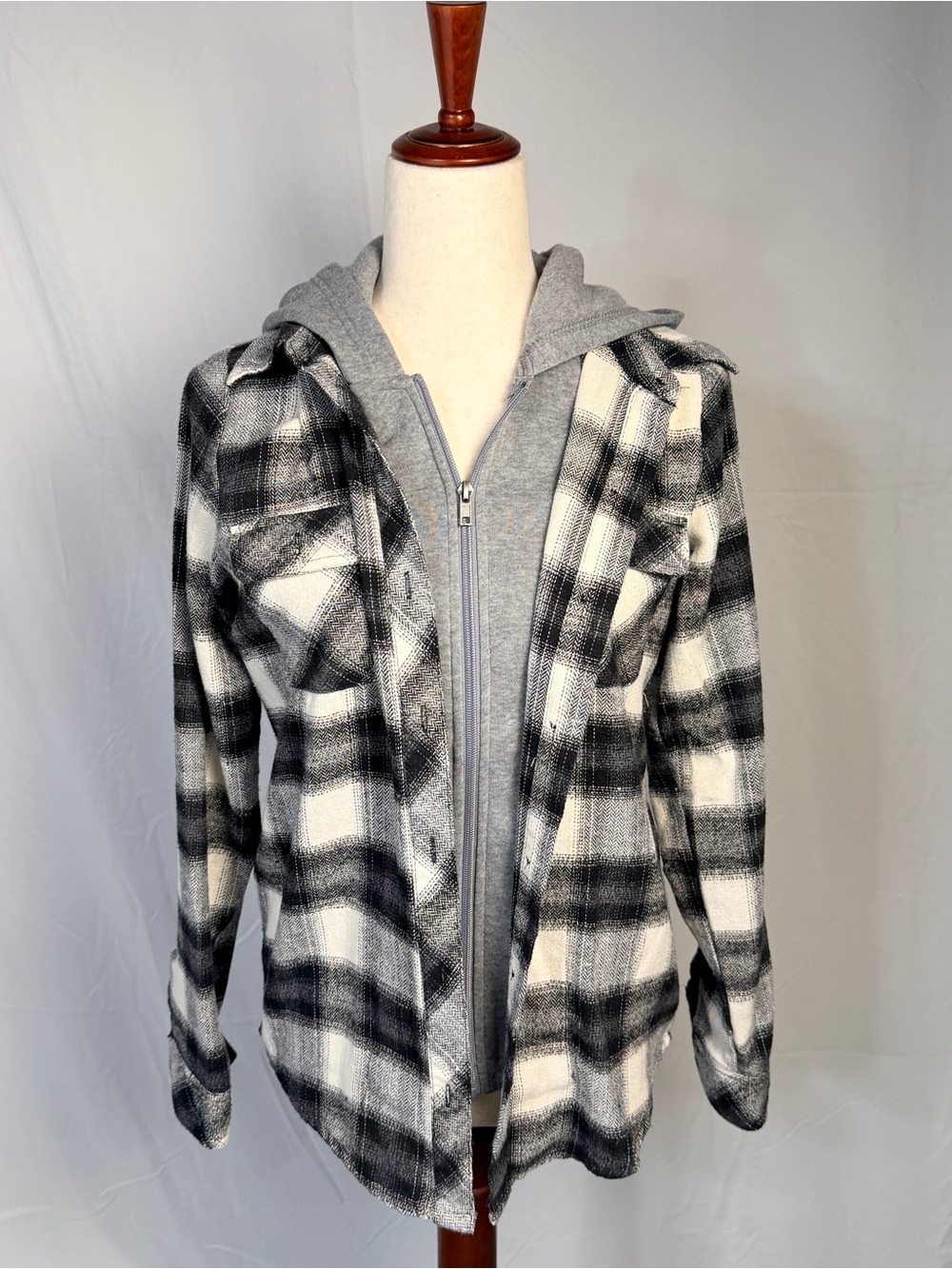 Ci Sono Black & White Plaid Hooded Layered Jacket 90’s Grunge, emo 🖤